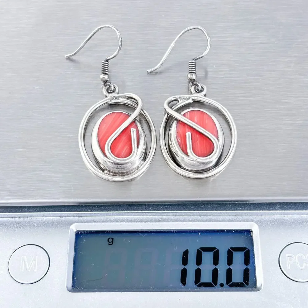 Vintage Mexico Taxco Sterling Silver 925 Spiny Red Oyster Dangle Earrings